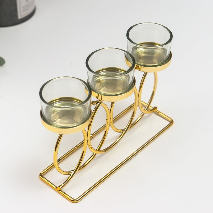 Подсвечник металл, стекло на 3 свечи "Сплетённые кольца" золото 18х6х10 см