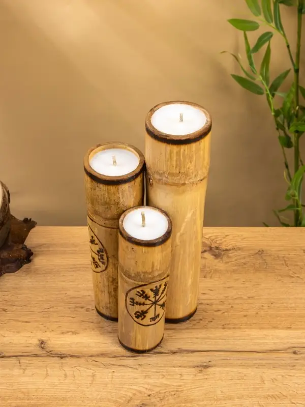 Свеча в бамбуке тройная &laquo;Руны&raquo;, 13&times;14&times;30 см, 100 мл, бежевая