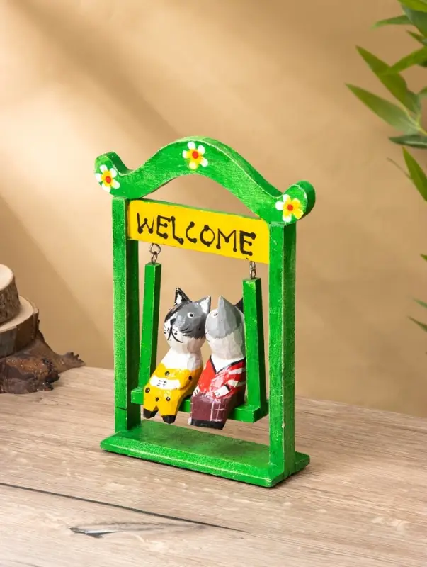 Сувенир интерьерный "Кошечки на качелях" 15х7х25 см, дерево, цв. зелёный