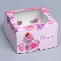 Коробка для капкейков, кондитерская упаковка с окном, 4 ячейки &laquo;Пионы&raquo;, 16 х 16 х 10 см