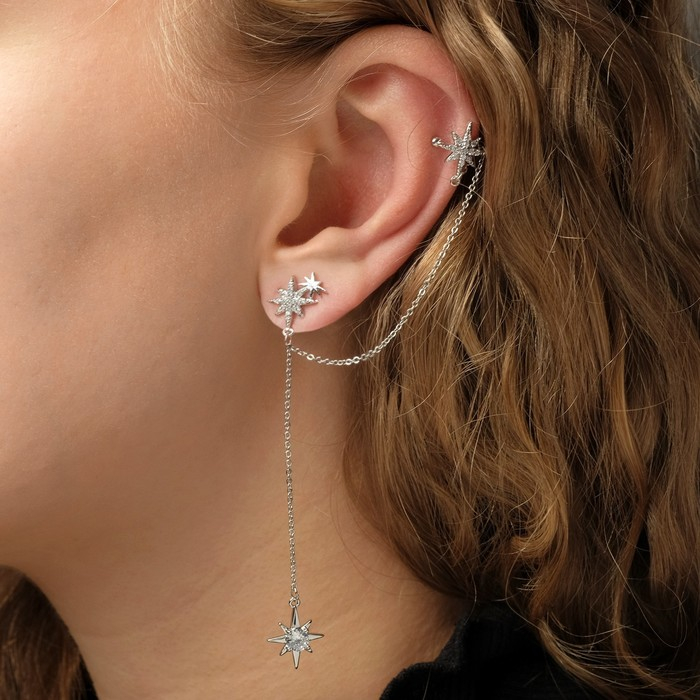 Серьга &laquo;Кафф&raquo; северная звезда с цепью, цвет белый в серебре