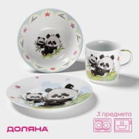Набор детской посуды из керамики Доляна &laquo;Семья пандочек&raquo;, 3 предмета: кружка 230 мл, миска 400 мл, тарелка d=18 см