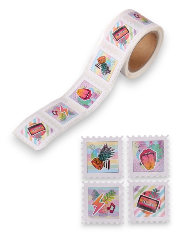 Наклейка бумага "Марки. Неон" 3х3 см 200 шт в рулоне