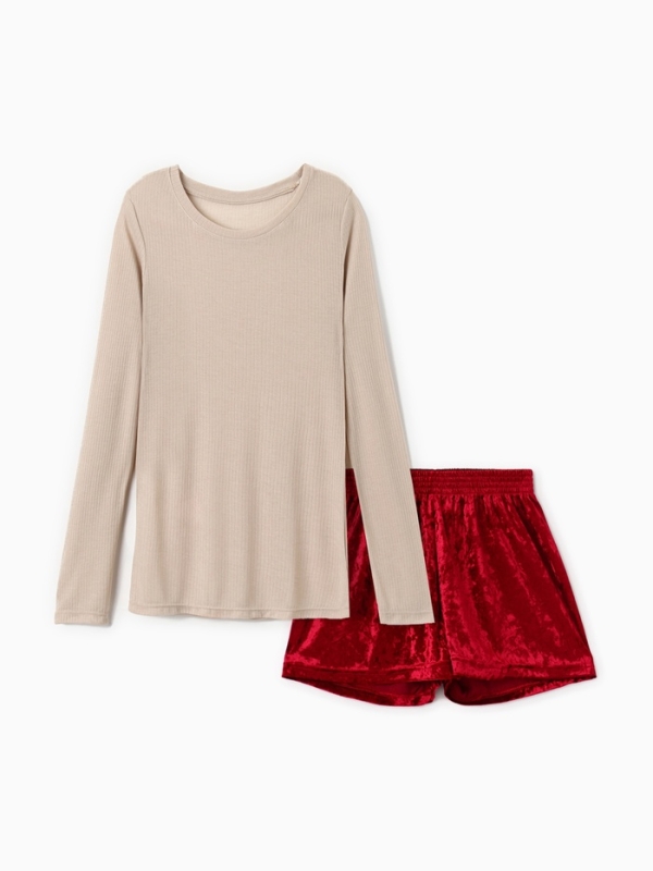 Комплект женский домашний (лонгслив и шорты) KAFTAN "Бархат", 48-50, бордо/беж