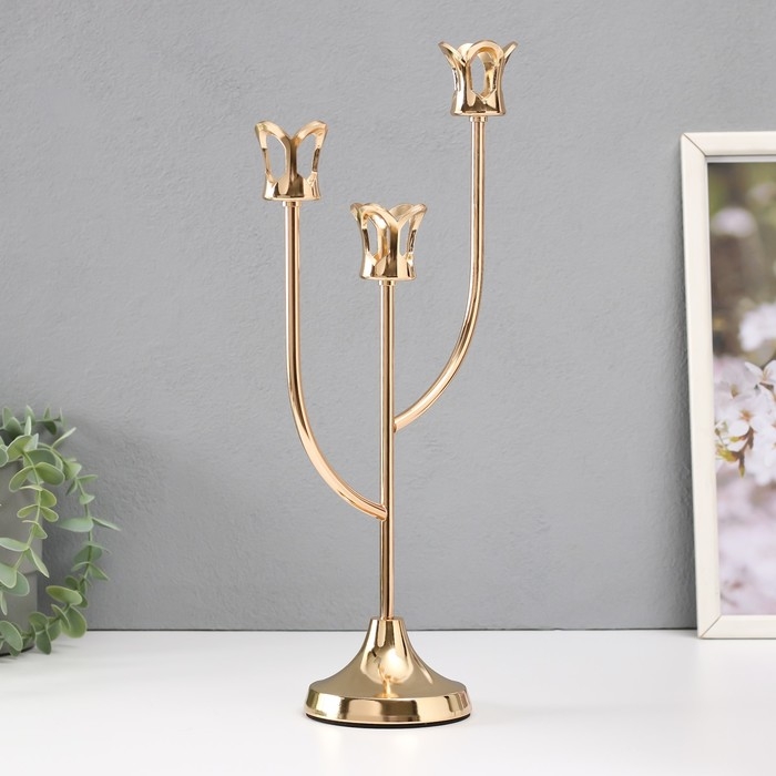 Подсвечник металл на 3 свечи "Цветник" d=2 см золото 16х9х36 см