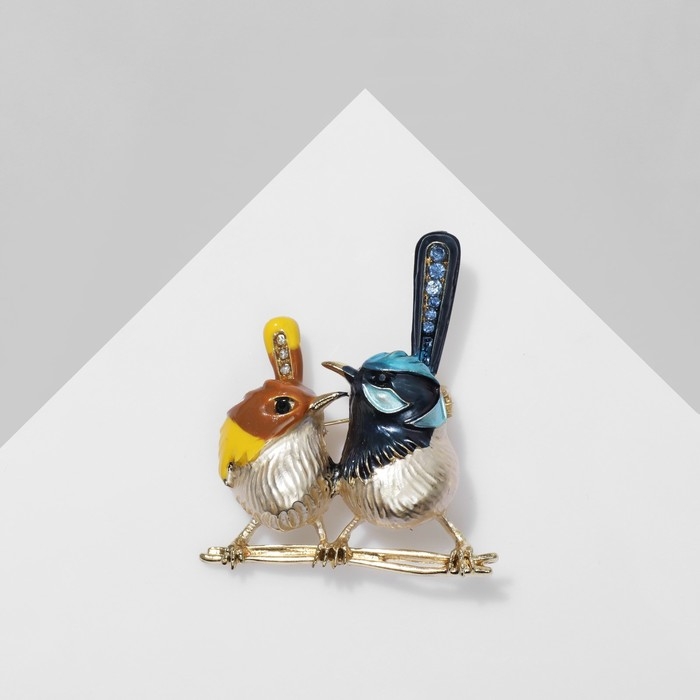 Брошь &laquo;Птички&raquo; парочка, цветная в золоте