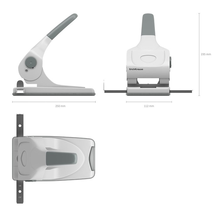 Дырокол мощный до 70 листов Erich Krause, с линейкой, серый, диаметр прокола 5.5мм, расстояние между проколами 80мм, белый