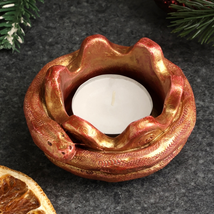 Новый год. Символ 2025. Подсвечник новогодний "Змея на чаше" бордовый с позолотой, 4х10см