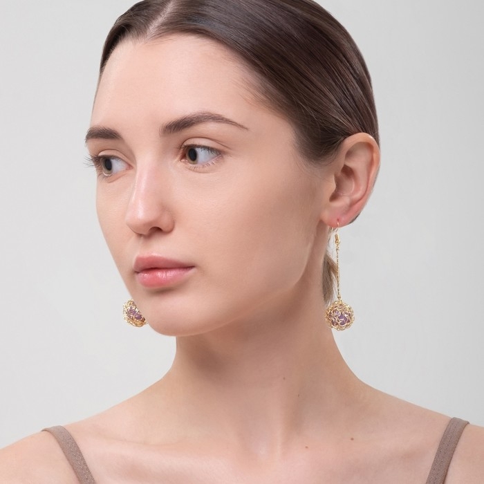 Серьги висячие &laquo;Шар плетёный&raquo;, цвет сиреневый в золоте, 6,5 см