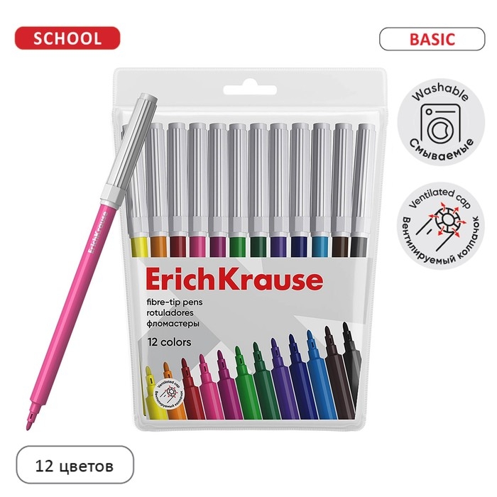 Фломастеры 12 цветов ErichKrause Фломастеры 12 цветов ErichKrause "Basic", на водной основ, вентилируемый колпачок