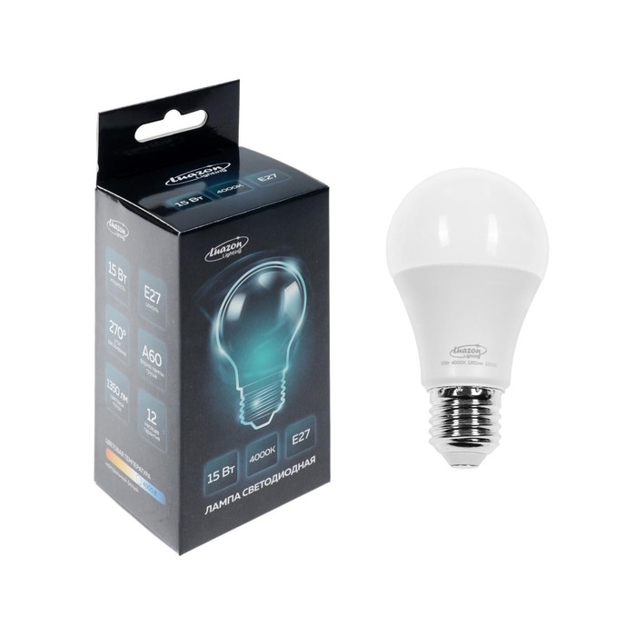 Лампа cветодиодная Luazon Lighting, A60, 15 Вт, E27, 1350 Лм, 4000 К, дневной свет Лампа cветодиодная Luazon Lighting, A60, 15 Вт, E27, 1350 Лм, 4000 К, дневной свет
