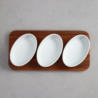 Менажница &laquo;Кармен&raquo;, 3 шт: 250 мл, овальная, деревянное основание, фарфор, Иран