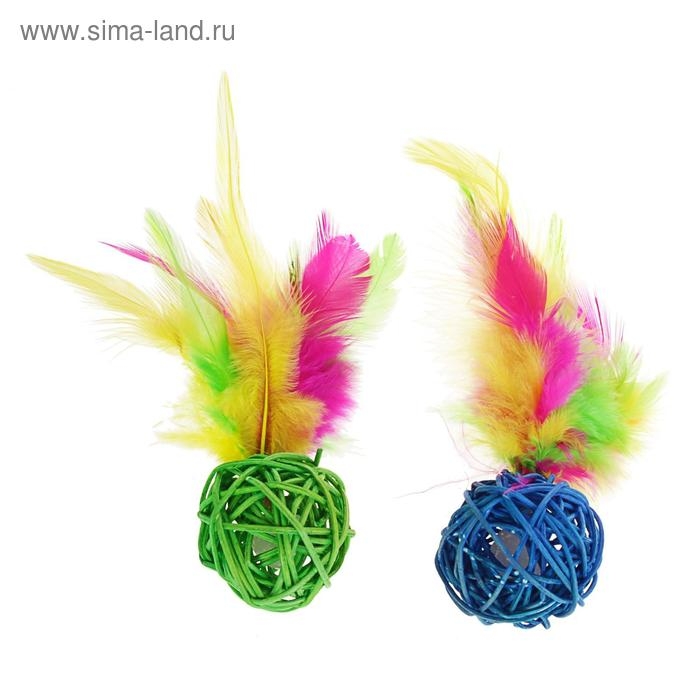 Игрушка для кошек "Шар из лозы с пером", 3,8 см, микс цветов
