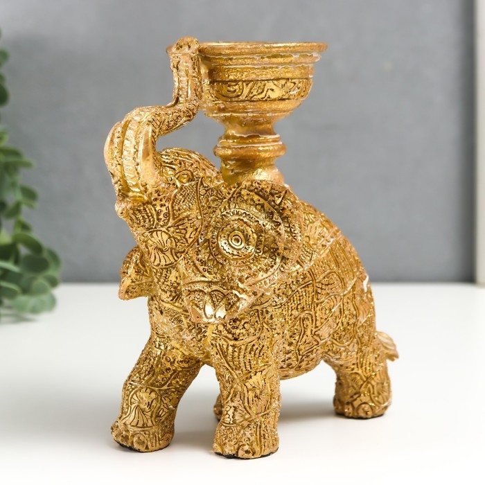 Сувенир полистоун подсвечник "Слон с наскальными рисунками" золотистый 16х7,5х13 см