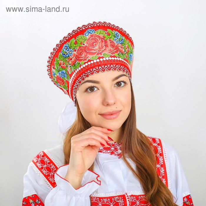 Кокошник &laquo;Красные и синие цветы&raquo;, на красном