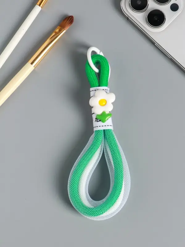 Брелок на карабине "Цветок. Шнур-сетка" двойной шнур 0,7 см бело-зелёный 14,5х2х1,7 см