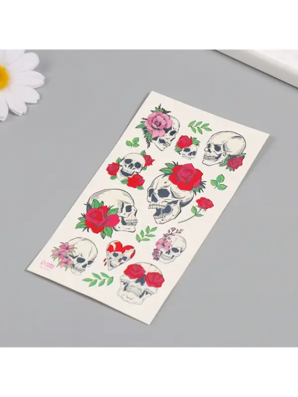 Переводные тату на тело цветные &laquo;Черепа и розы&raquo;, 7.5&times;14 см
