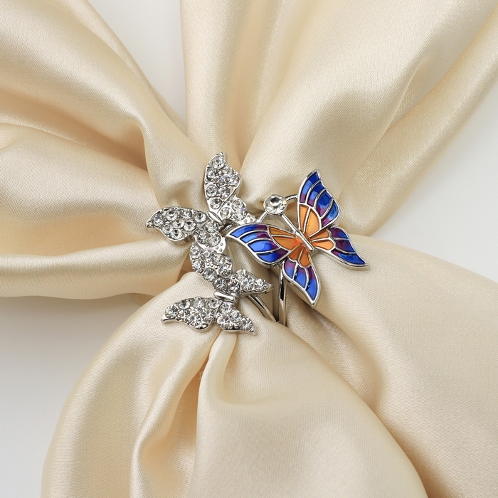 Кольцо для платка &laquo;Бабочки&raquo;, цветное в серебре