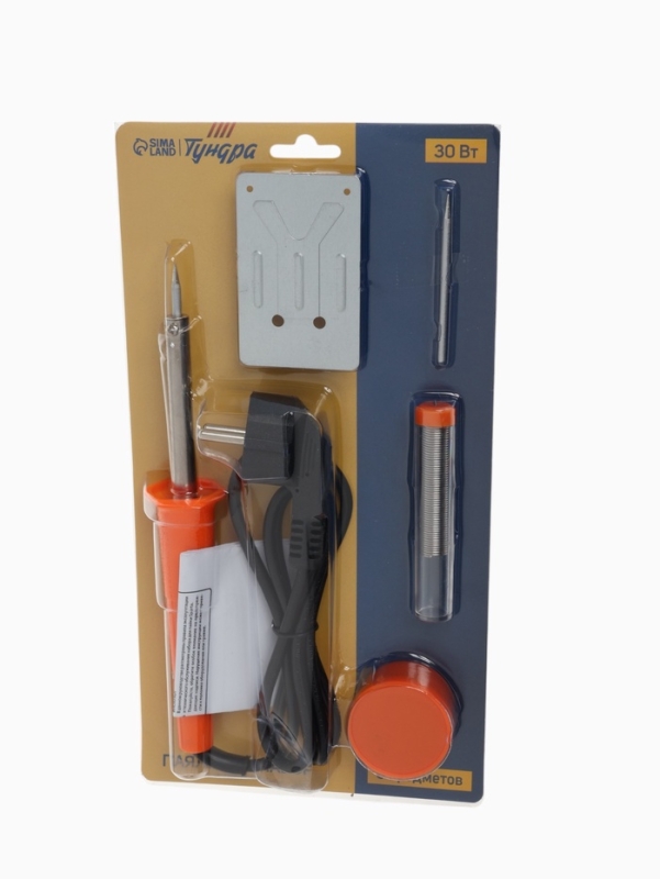 Паяльный набор ТУНДРА, паяльник 30 Вт, подставка, жало, паста, припой, 5 предметов