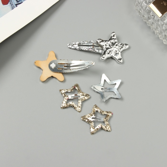 Невидимка для волос "Беатрис" (набор 5 шт) звезда, 3,5 и 6 см, серебро золото