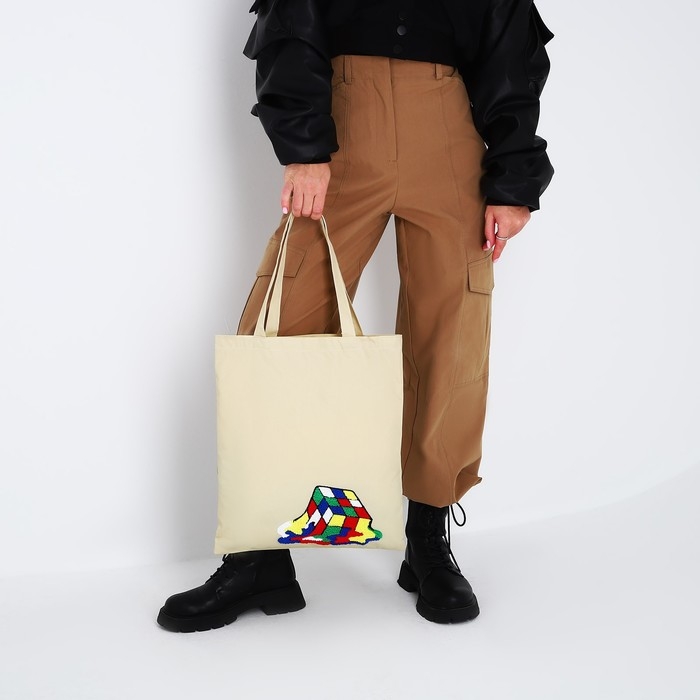 Шопер текстильный с вышивкой &laquo;Кубик&raquo; , 40х35 см, бежевый цвет