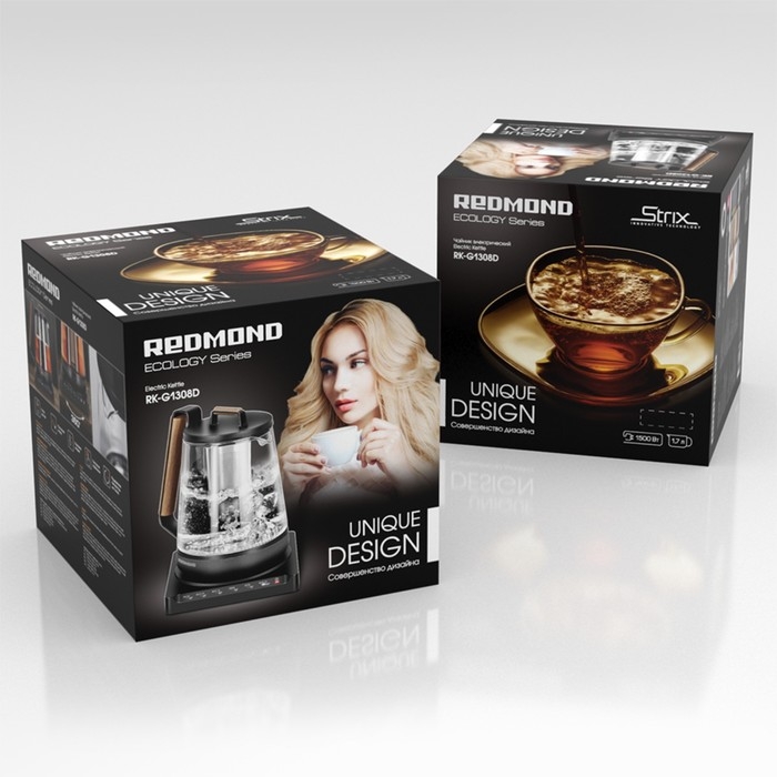 Чайник электрический REDMOND RK-G1308D, стекло, 1.7 л, 1500 Вт, регулировка t&deg;, чёрный