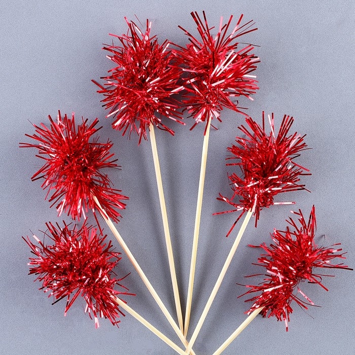 Шпажка для канапе &laquo;Пушистик&raquo;, в наборе 6 штук, цвет красный
