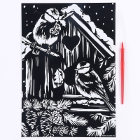 Гравюра на новый год &laquo;Птички в скворечнике&raquo;, с эффектом золото, А4