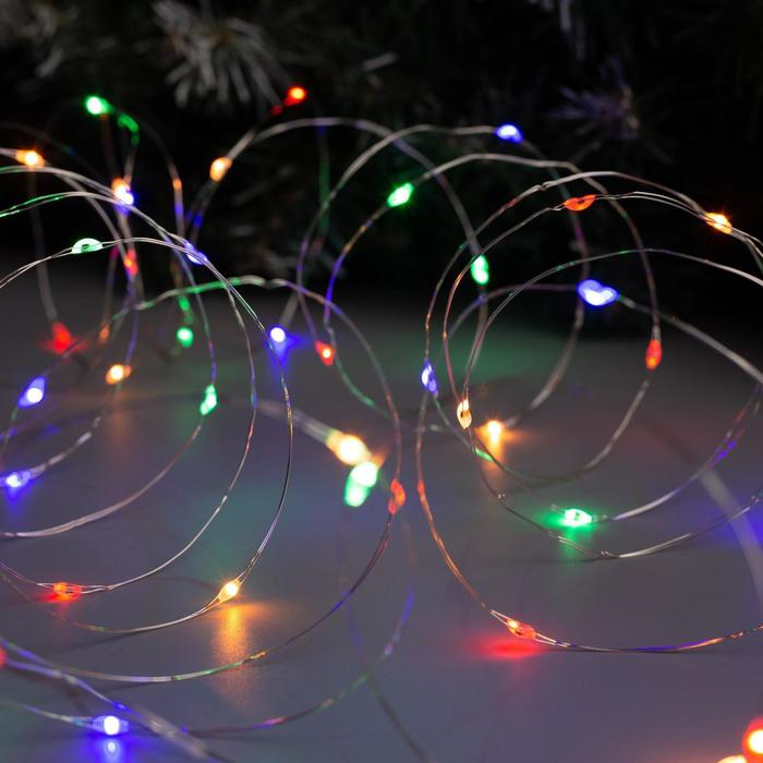 Гирлянда &laquo;Нить&raquo; 5 м роса, IP20, серебристая нить, 50 LED, 2 режима, батарейки AAх3 (нет в комплекте), свечение тёплое белое / мульти