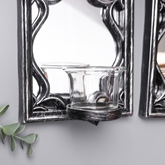 Подсвечник пластик, стекло на 1 свечу "Зеркальные узоры" набор 2 шт d-4 см сереб. 8х13х40 см   90688