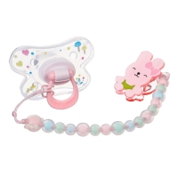 Соска - пустышка силиконовая ортодонтическая, от 12 мес., с колпачком + держатель &laquo;Зайка&raquo;, цвет розовый