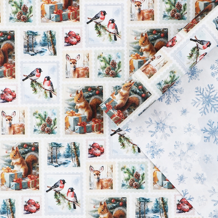 Упаковочная бумага на новый год, двухсторонняя крафтовая &laquo;Новогодние марки&raquo;, 70 х 100 см