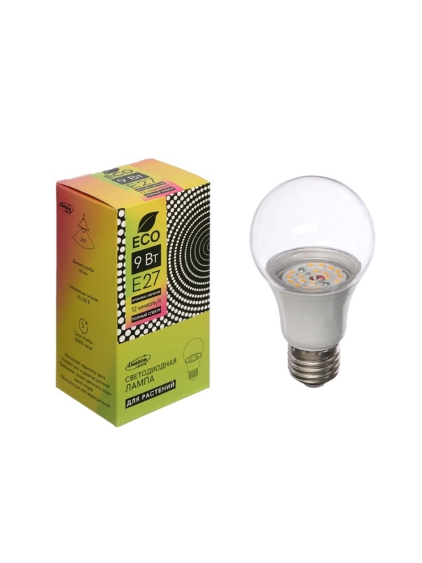 Фитолампа для растений Luazon, светодиодная, А60, E27, 9 Вт, IP44, 220 В, 270&deg;, полноспектральная