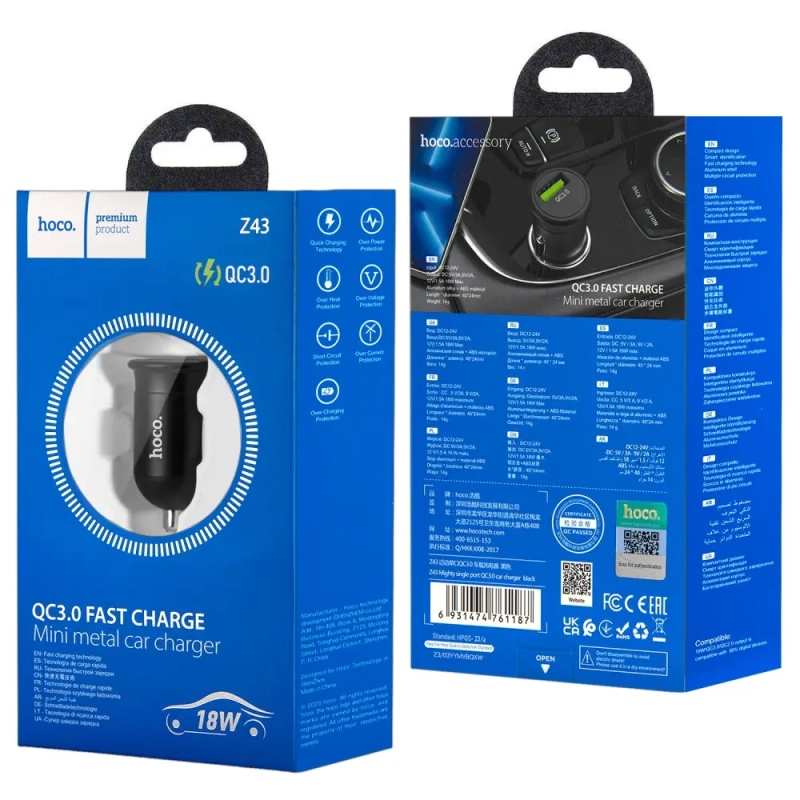 * Переходник Z43 АЗУ на USB 18W QC3.0 HOCO черный