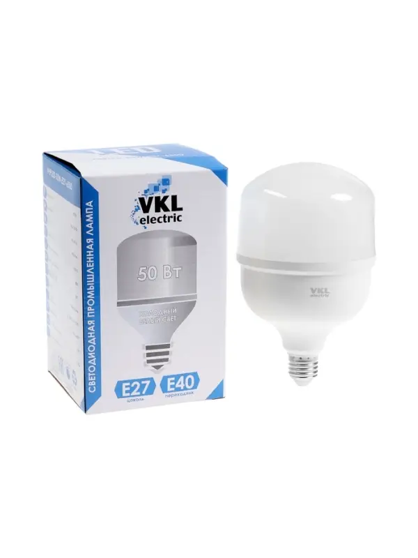 Лампа светодиодная VKL electric, бочка, 50 Вт, E27, переходник Е40, 4750 Лм, 6500K, IP20, 118&times;186мм,