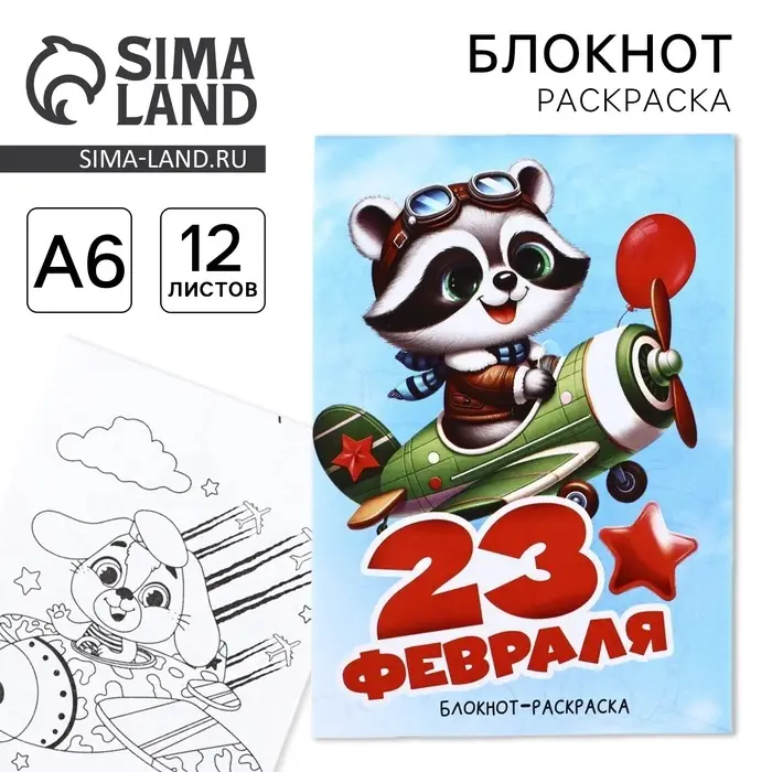 Блокнот раскраска А6, 12 л. &laquo;Енот. 23 февраля&raquo;