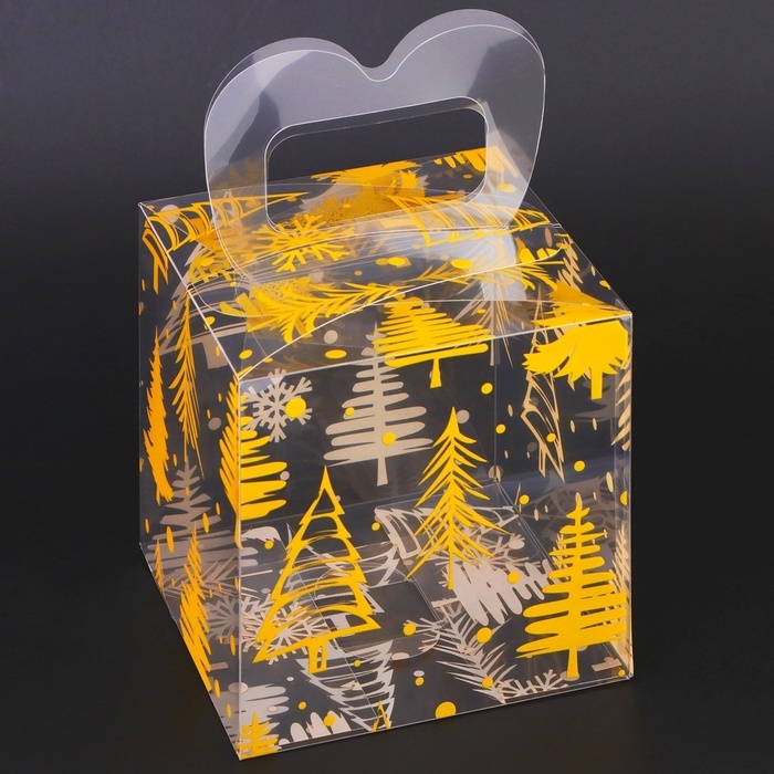 Новый год. Коробка подарочная новогодняя складная ПВХ Новый год. Коробка подарочная новогодняя складная ПВХ "Ёлочки" 11 х 11 х 11 см.