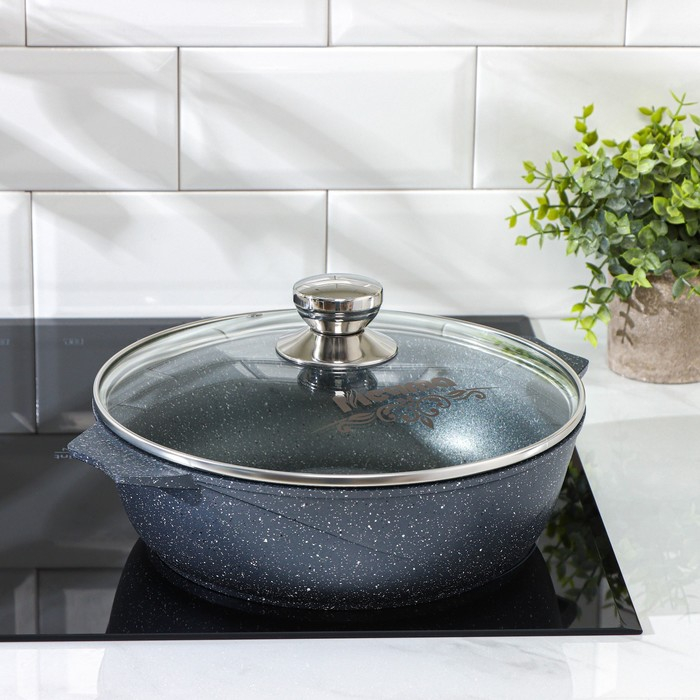 Жаровня &laquo;Гранит&raquo;, 3 л, d=26 см, h=8 см, антипригарное покрытие, стеклянная крышка, цвет серый
