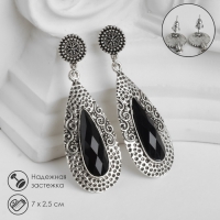 Серьги висячие со стразами &laquo;Капля&raquo; мотивы этники, цвет чёрный в чернёном серебре, 7 см