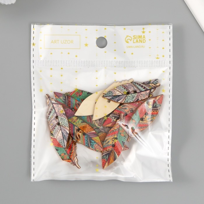 Пуговица дерево для творчества 2 прокола "Пёрышки с узорами" набор 16 шт МИКС 4,2х1,4х0,2 см