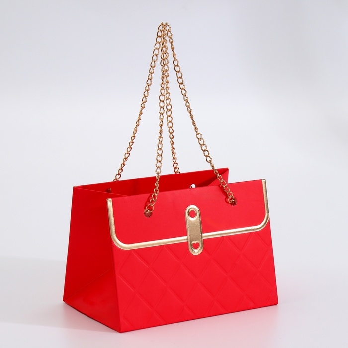 Пакет для цветов, ручка цепь, Пакет для цветов, ручка цепь, "Красный", с золотым тиснением, 15 х 10,5 х 10 см