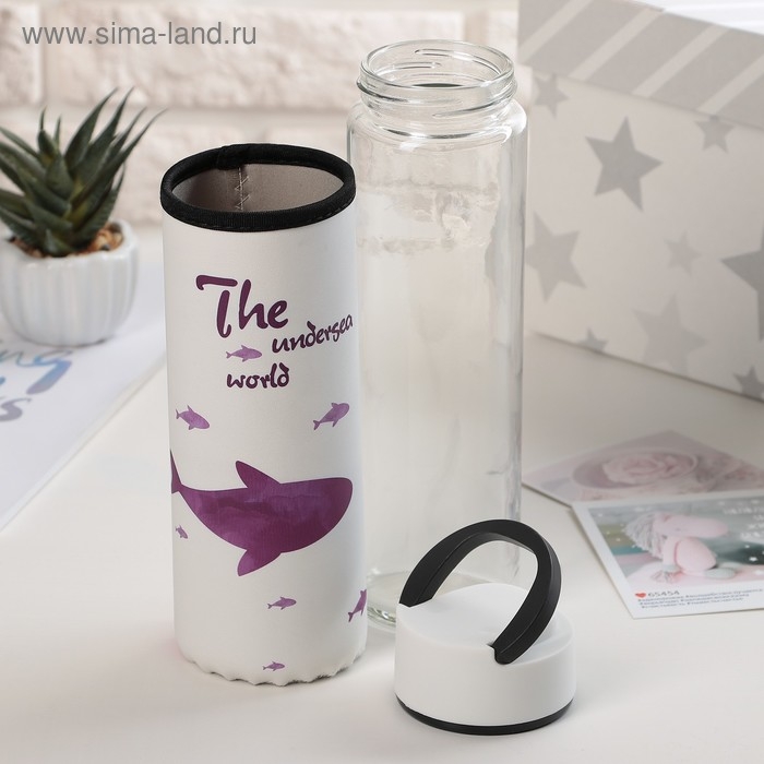 Бутылка для воды стеклянная с ручкой в чехле «Кит», 500 мл, h=23,5 см, рисунок МИКС Бутылка для воды стеклянная с ручкой в чехле «Кит», 500 мл, h=23,5 см, рисунок МИКС