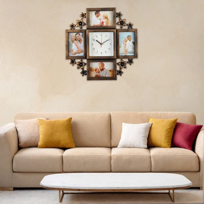 Часы настенные интерьерные, фоторамка - коллаж Часы настенные интерьерные, фоторамка - коллаж "Цветы", бесшумные, 42 х 42 см, 14 х 14 см