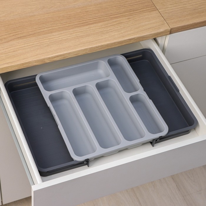 Лоток для столовых приборов, раздвижной, 31&times;35,5&times;5,5 см, 5 отделений, цвет серый
