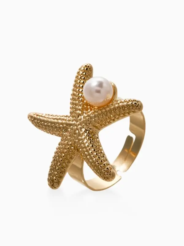 Кольцо "Морская звезда" с бусиной, безразмерное, цвет белый в золоте