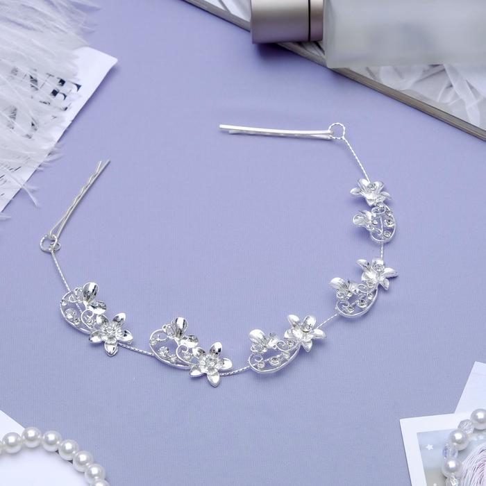 Аксессуар для волос "Рулада" (на невидимках) цветочки с бабочками, 21 см, серебро