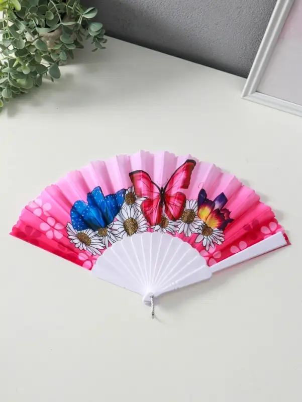 Веер пластик, текстиль "Ромашки и бабочки" МИКС широкие лопасти 23 см