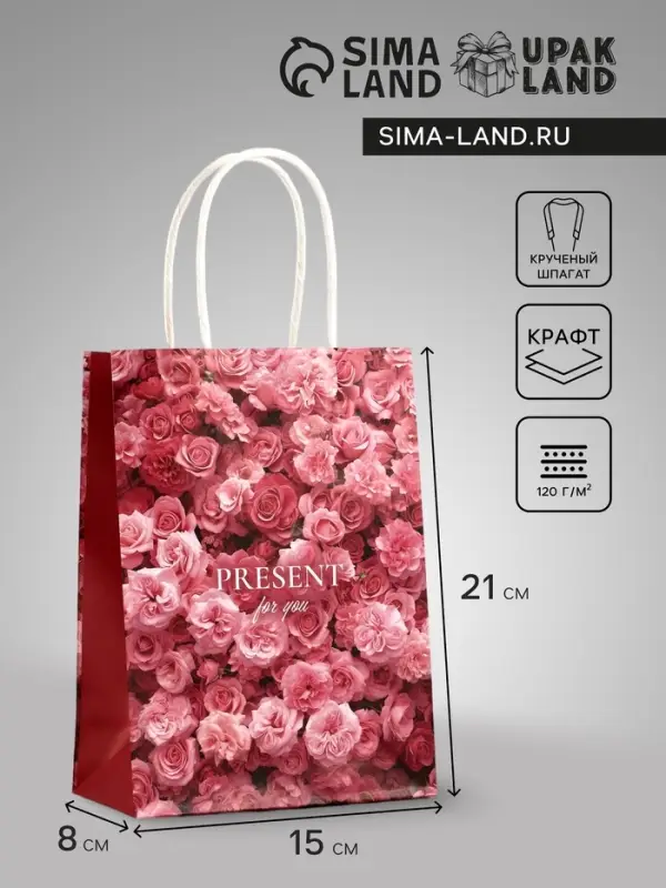 Пакет подарочный крафт Present, 15&times;8&times;21 см