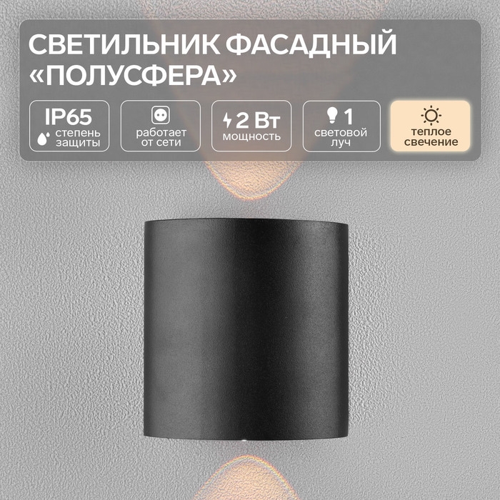 Светильник фасадный &laquo;Полусфера&raquo;, FSD-007, 2Вт, 3000К, 1 луч, IP65, 220В, металл, черный