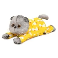 Мягкая игрушка "Кот Басик в комбинезоне с принтом "Гусик" лежачий, 25 см Kl25-003